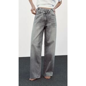 Zara Mid-Rise Wide Leg Cross Waist Jeans - grey - Size 2